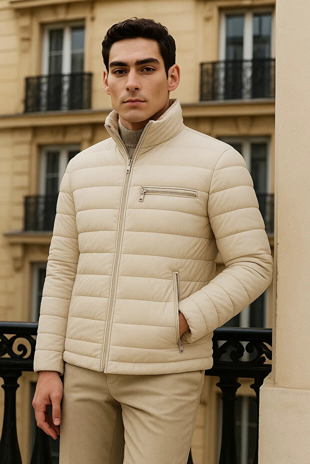 Erkek Trend Basic Dik Yaka Kışlık Krem Şişme Mont - 3