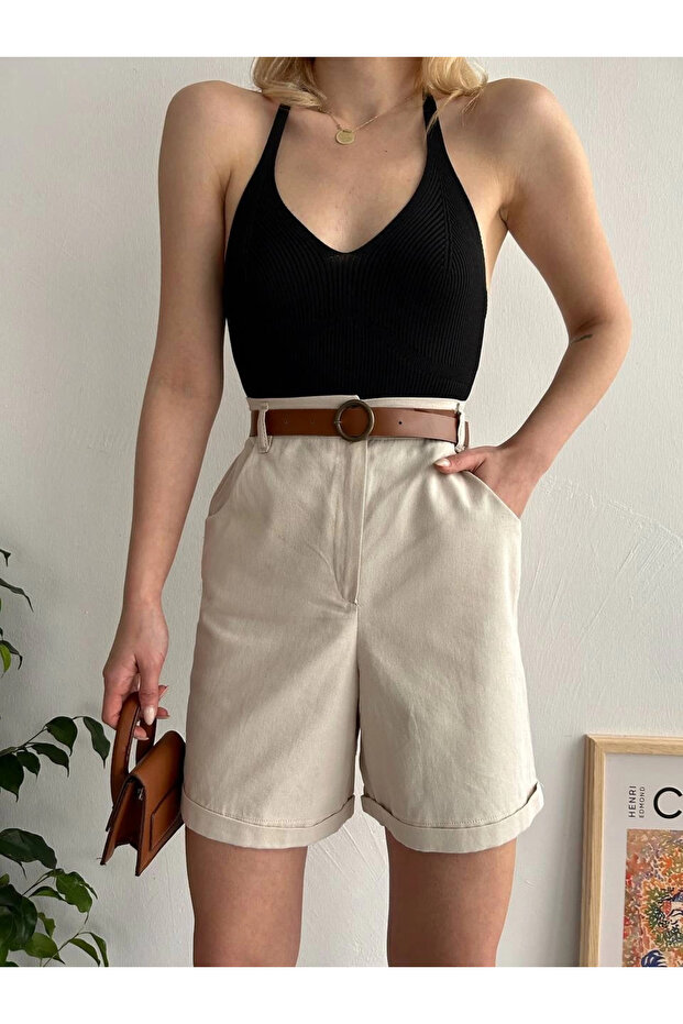 Gabardin kumaş şort - 1