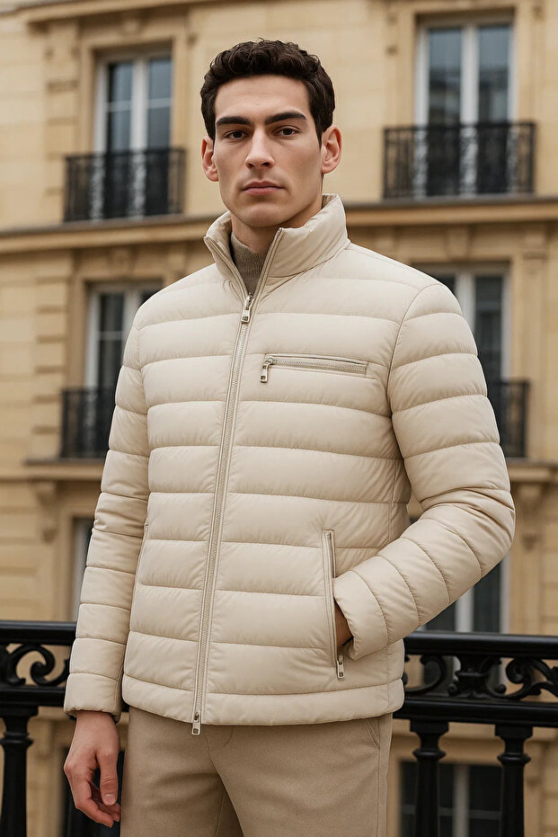 Erkek Trend Basic Dik Yaka Kışlık Krem Şişme Mont - 1