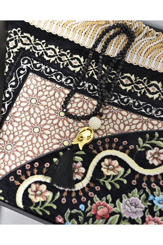 Velvet Lined Prayer Rug and Crystal Prayer Beads Luxury Gift Dowry Set with Special Box