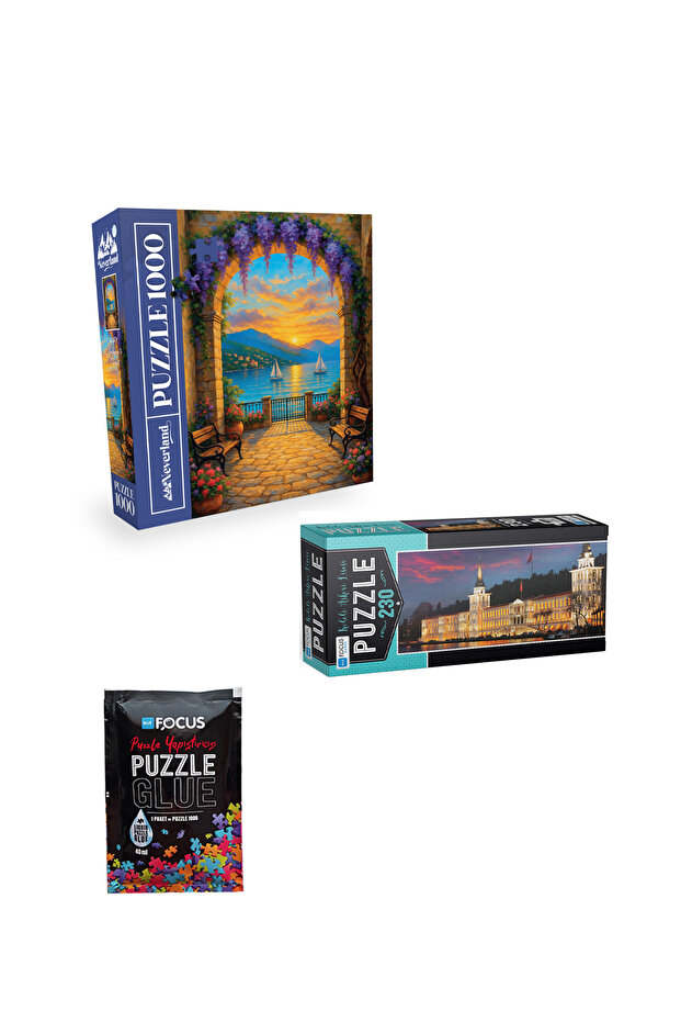 1000 Piece Puzzle Sunset Overarching Bridgeway + 230 Piece Military High School with Tower + Puzzle Adhesive