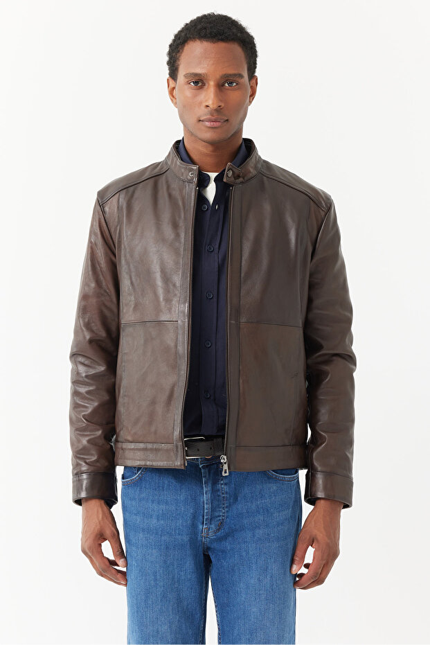 Men's Regular Leather Coat - 4