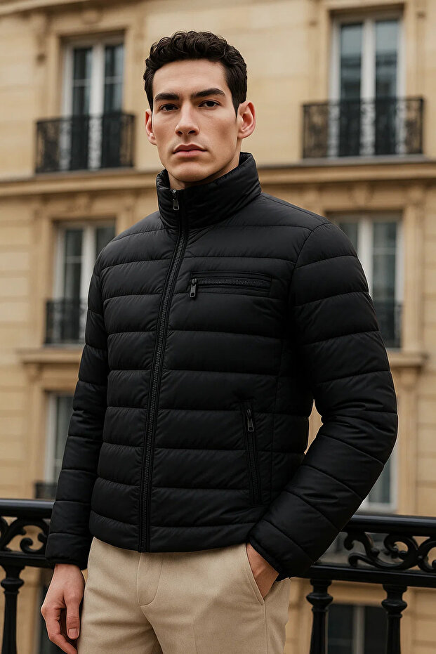Erkek Trend Basic Dik Yaka Kışlık Siyah Şişme Mont - 2