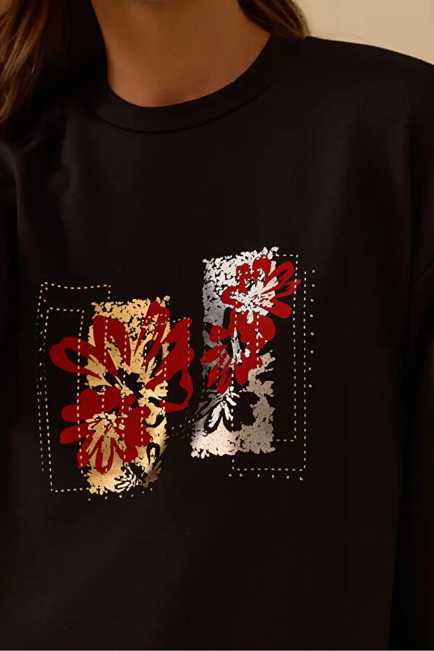 Kadın Çiçek Baskılı Sweatshirt - Siyah - 3