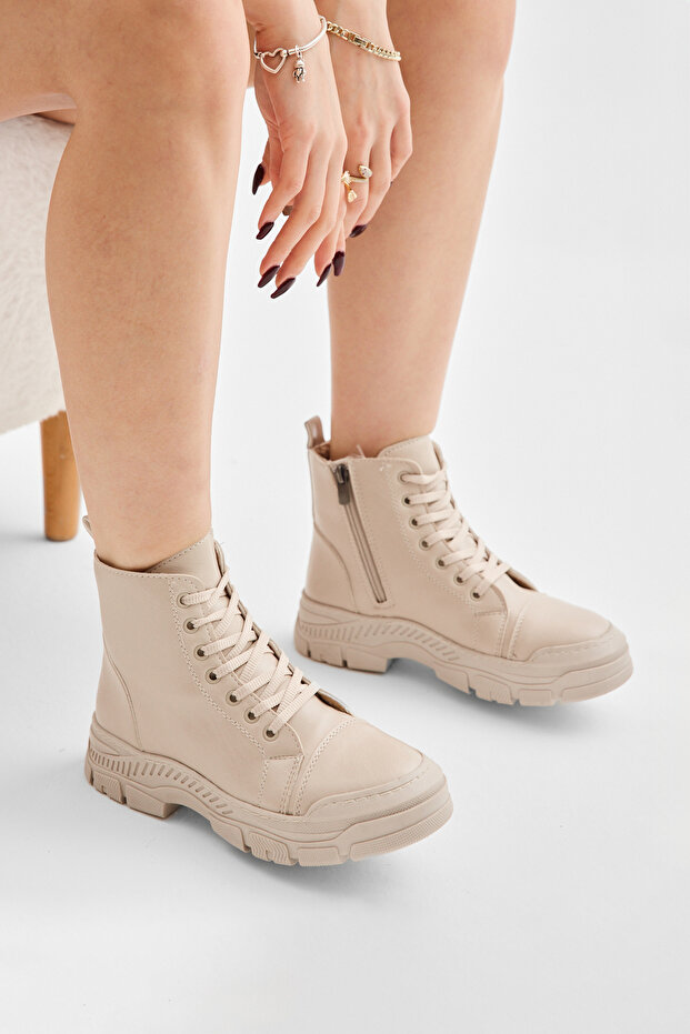 Women's Beige Thick Thermo Sole Lace-Up and Zippered Casual Boots