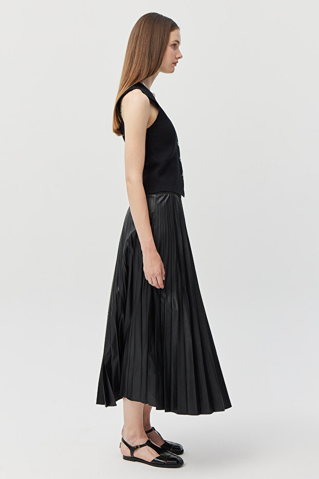 Kadın Piliseli Deri Etek - 4