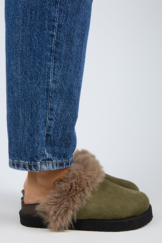 Ruzqahi Fur Women's Leather Genuine Leather Flat Platform Sabo Khaki Slippers