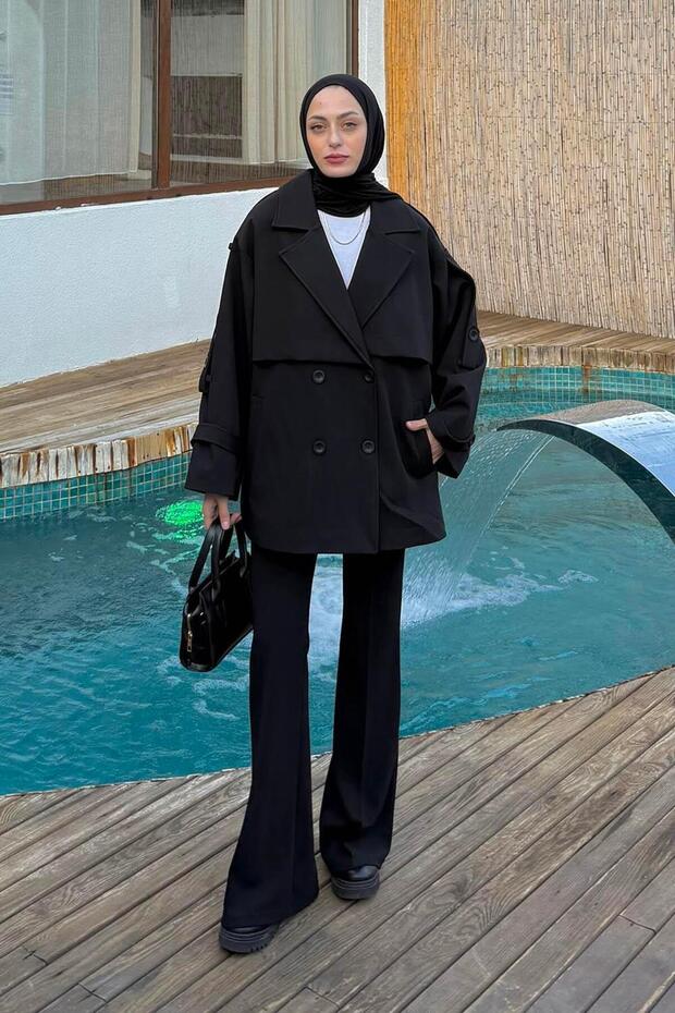 Short Trench Coat with Shoulder Epaulettes Black