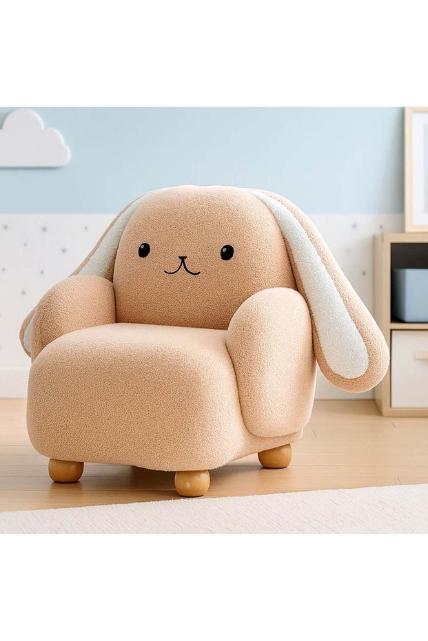 Floppy Ears Kids Chair - Light Beige & White, Cozy 1-Seater, Durable Wood & Fabric, 2-Year Warranty