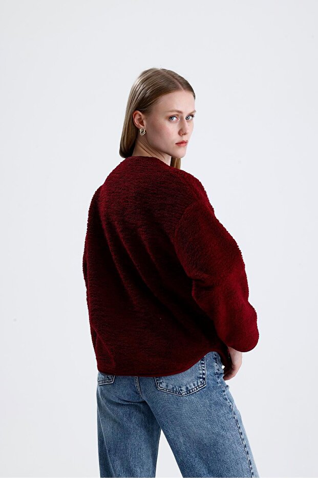 سترة فروي مبطنة بالصوف مع أزرار - بورجوندي - 5