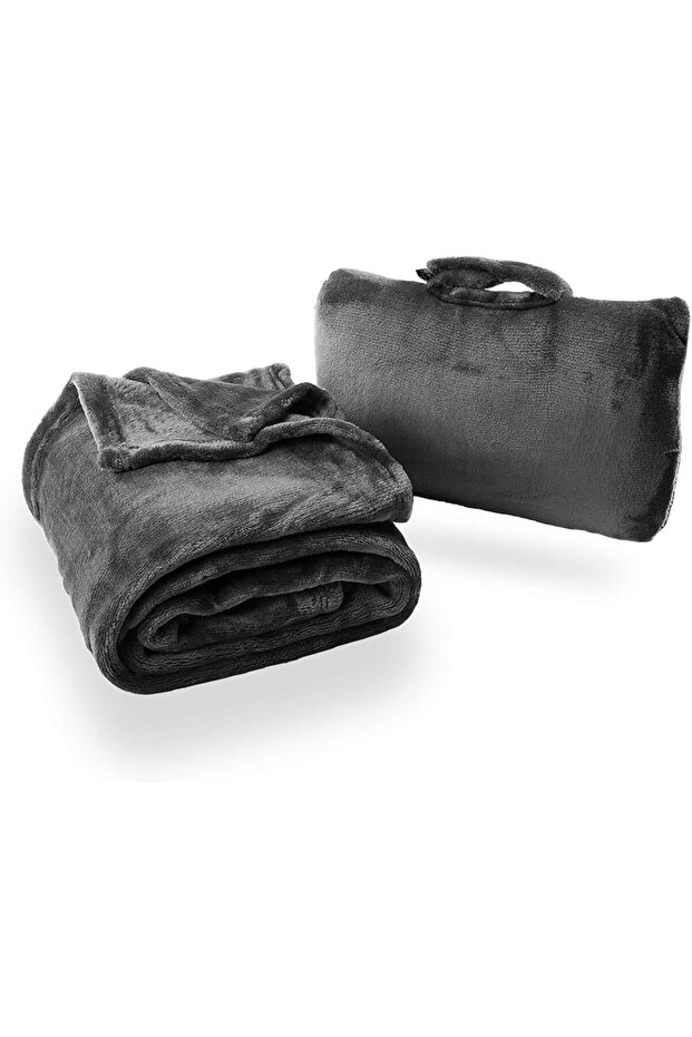 Fold 'N Go Travel & Throw Blanket Plus with Compact Case - French Microfiber, Charcoal Black