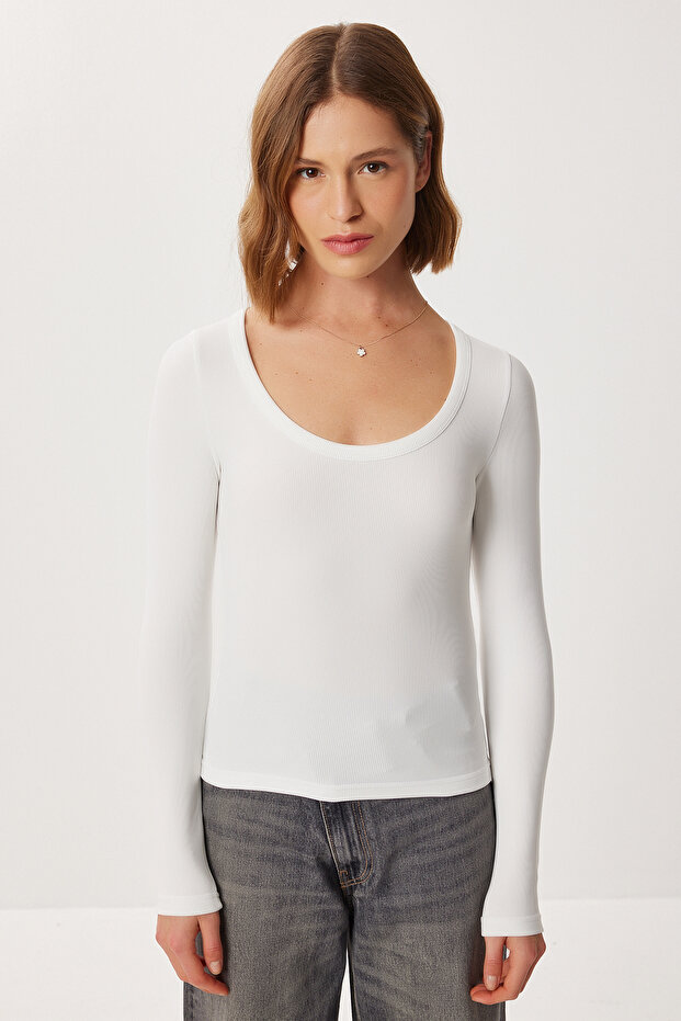 U Yaka Basic Fitilli Örme Bluz LBY0018 EKRU - 4