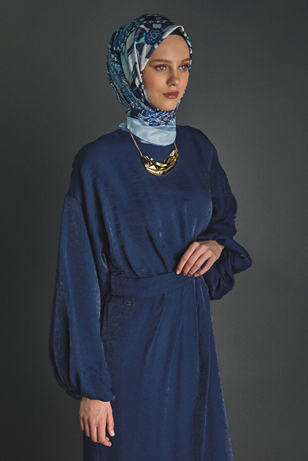 Drape Detaylı Jakarlı Elbise - 4