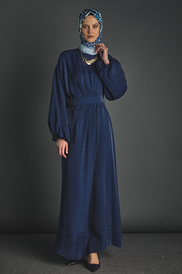 Drape Detaylı Jakarlı Elbise - 2