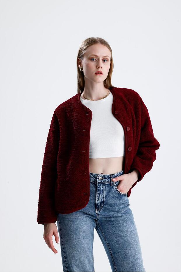 سترة فروي مبطنة بالصوف مع أزرار - بورجوندي - 6