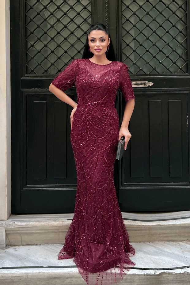 Full Beaded Fabric Design Dress - Bordo