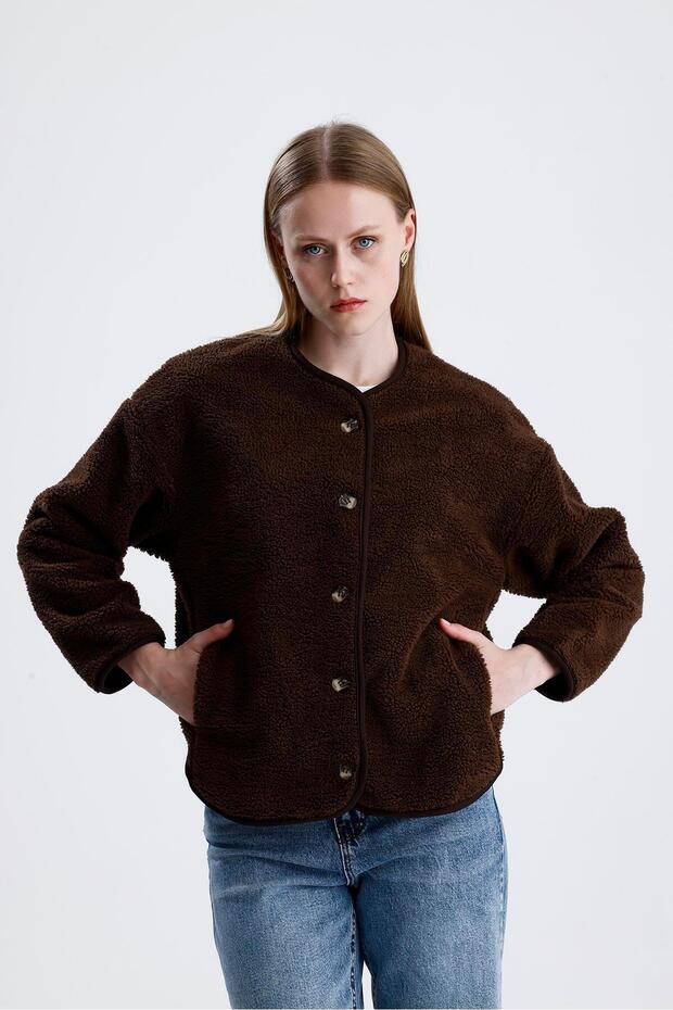 Fleece-lined button-down plush jacket - coffee - 1