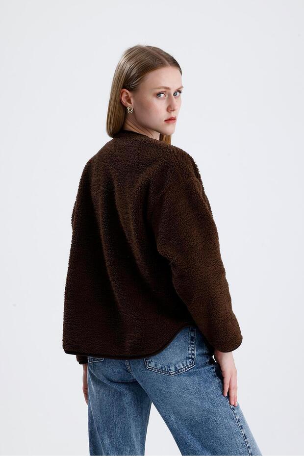 Fleece-lined button-down plush jacket - coffee - 5