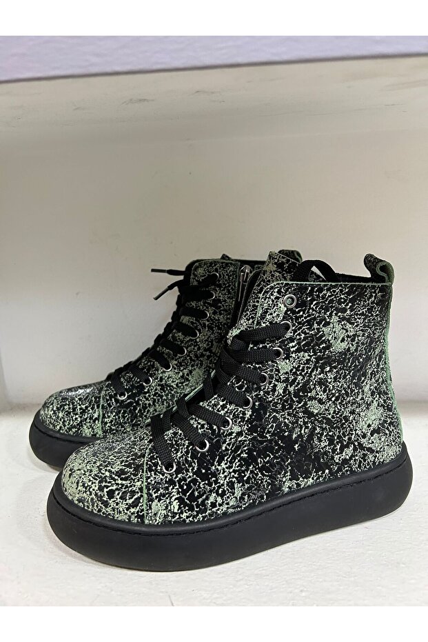 Children's Genuine Leather Boots with Green Pattern
