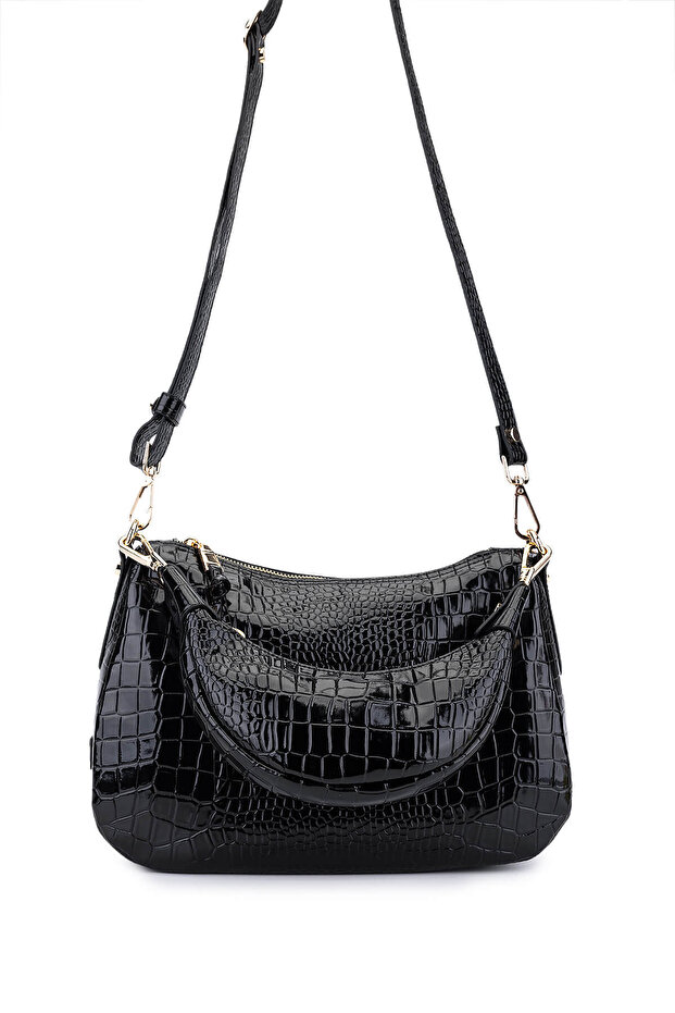 Women's Faux Leather Black Crocodile Shoulder Bag