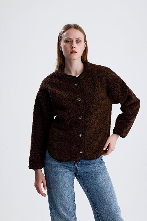 Fleece-lined button-down plush jacket - coffee - 7