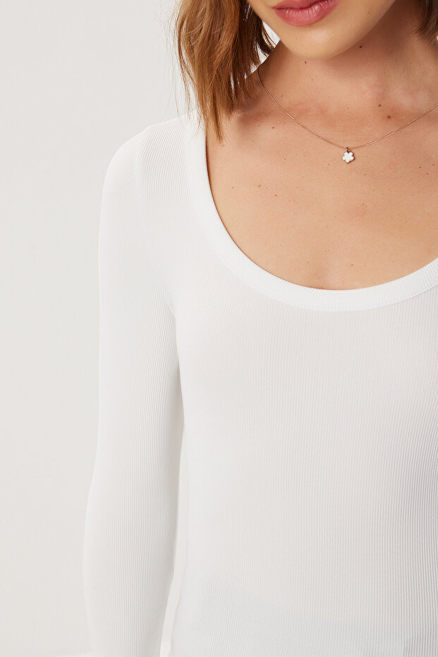 U Yaka Basic Fitilli Örme Bluz LBY0018 EKRU - 5