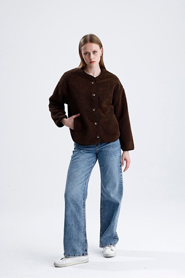 Fleece-lined button-down plush jacket - coffee - 6