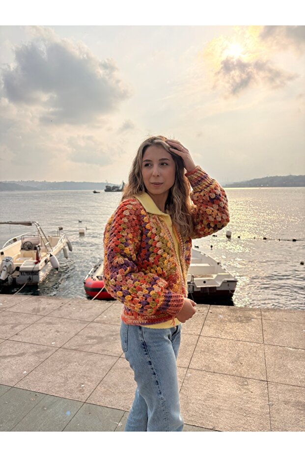 El Örmesi Çok Renkli Yün Hırka - 1