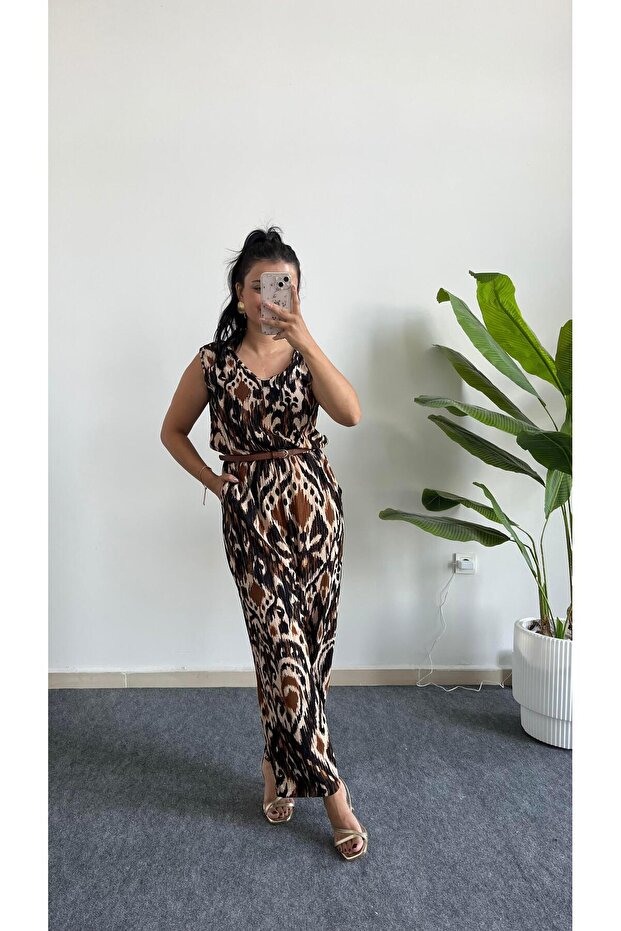 Brode Patterned Wrinkled Jumpsuit - Brown - 3