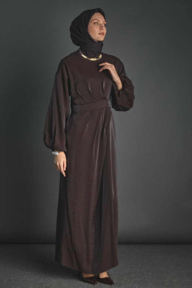Drape Detaylı Jakarlı Elbise - 3