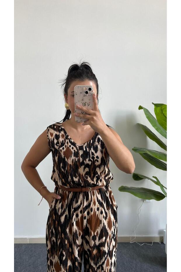 Brode Patterned Wrinkled Jumpsuit - Brown - 2