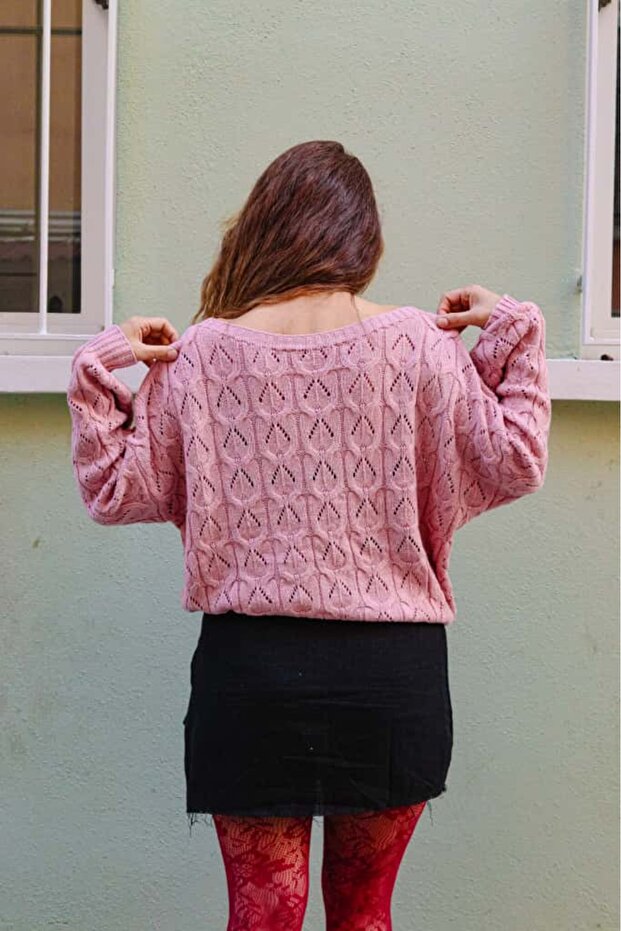 Kadın Pembe Triko Örme Basic Mevsimlik Kazak - 5