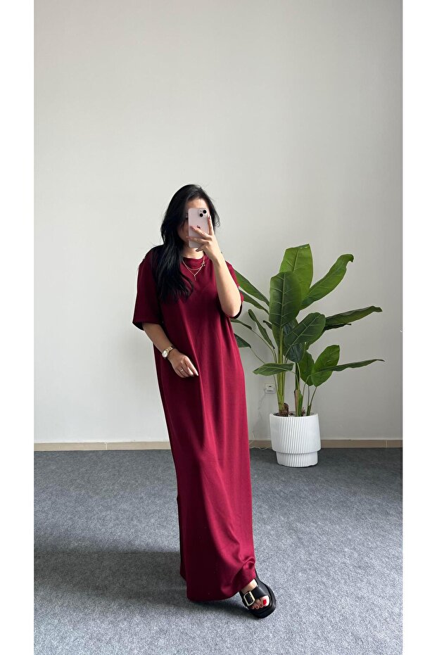 Mayda Yarım Kol Modal Basic Elbise - Bordo - 4