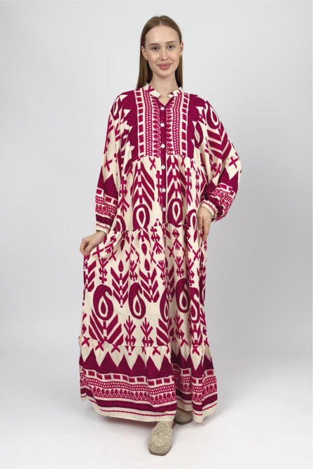 Women's Cotton Patterned Long Dress Pink