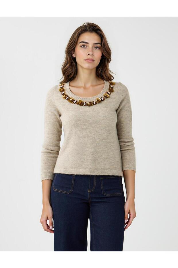 Mink U-Neck Long Sleeve Collar Embroidered Knitwear Sweater
