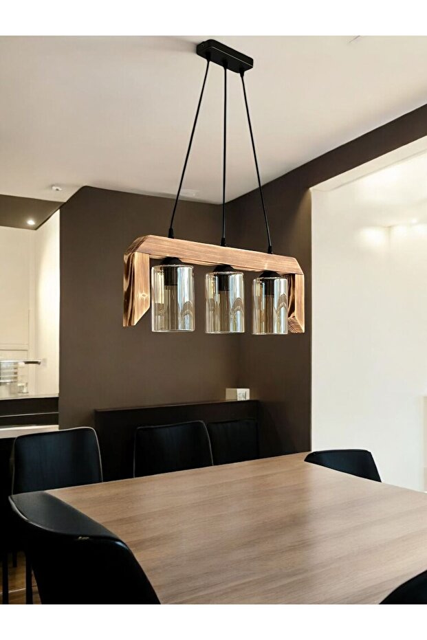 Retro Rustik Modern El Yapımı İşçiliği İle Doğal Ahşaptan Üretilmiş Bal Camlı 3'lü Ahşap Avize - 1