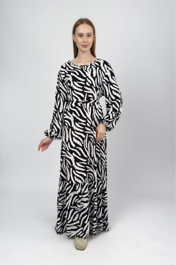 Women's Cotton Patterned Long Dress Black