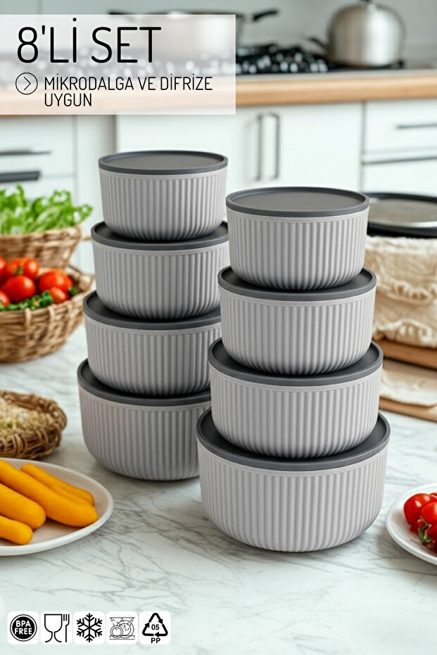 Set of 8 Striped, Round Storage Containers / 2.5Lt.- 1.5Lt.- 0.80Lt.- 0.45Lt.