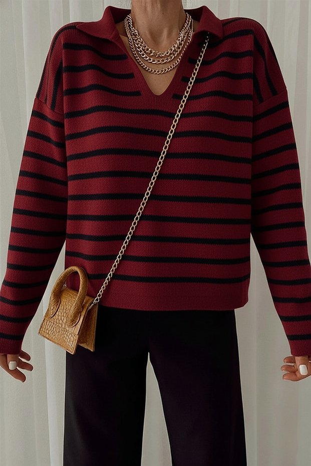 Polo Neck Striped Knitwear Sweater Cream
