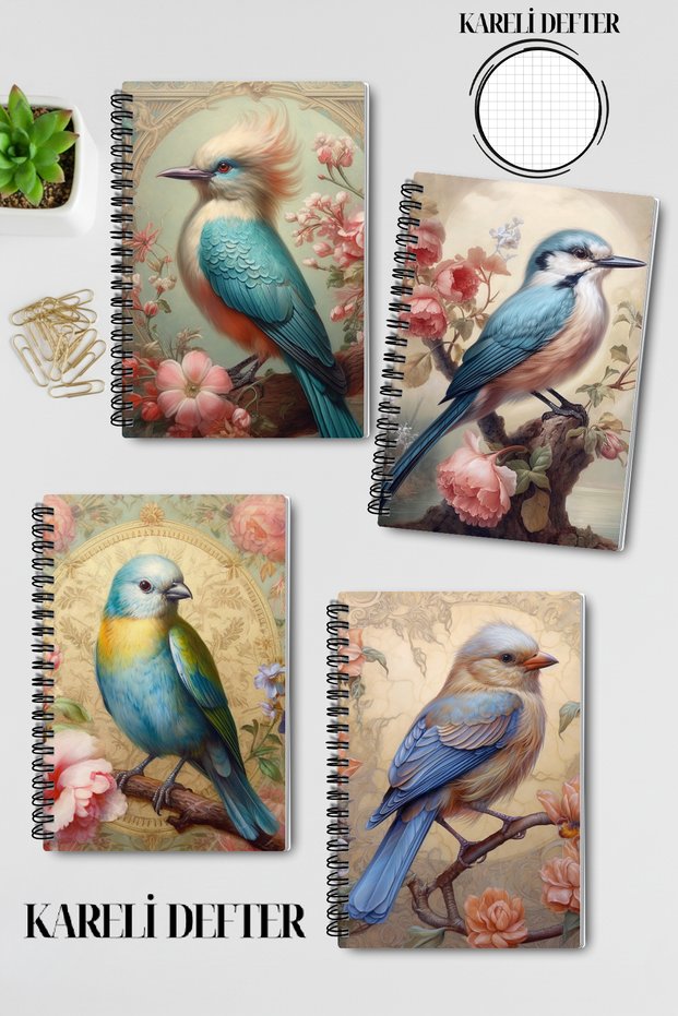 Vintage Bird Themed No:1 Design Wirebound A5 Squared 4-Piece Souvenir, Memory, School Notebook Set