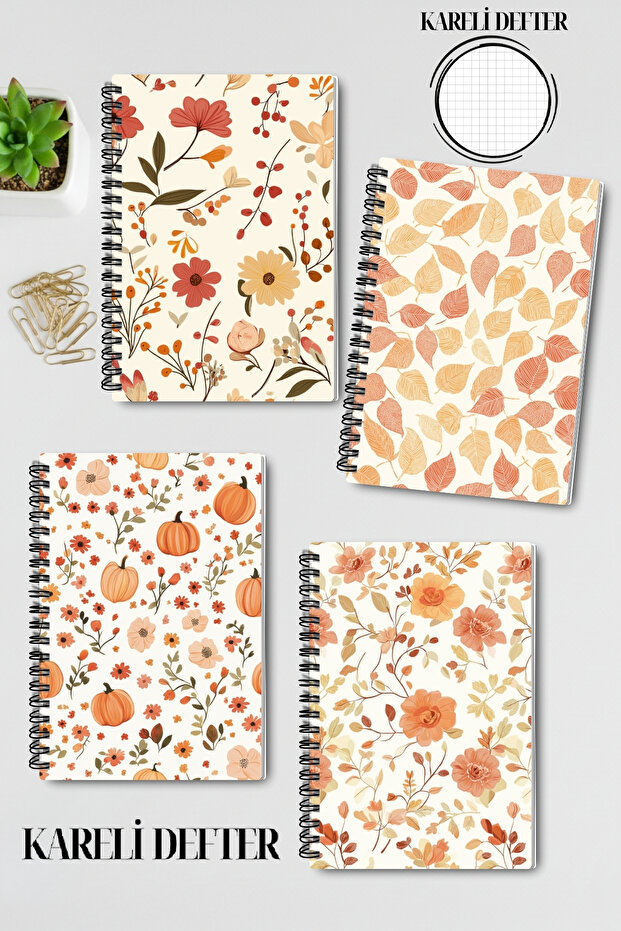 Autumn Leaves Design Wire Spiral A5 Checkered 4-Piece Souvenir, Memory, School Notebook Set