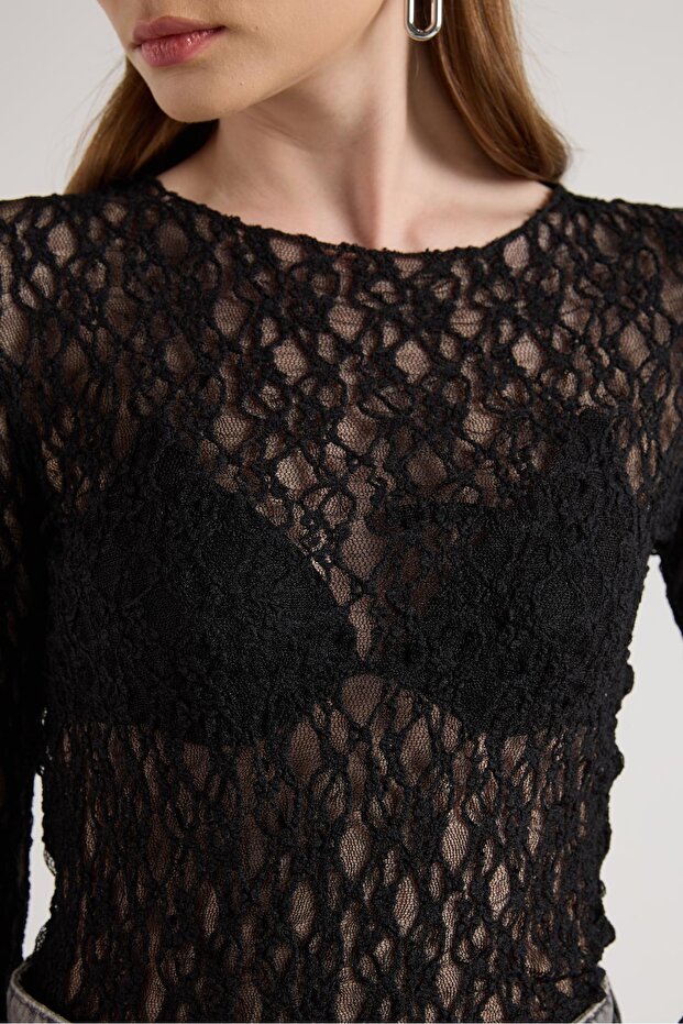 Women's Black Transparent Lace Short Stretch Fabric Blouse 30051