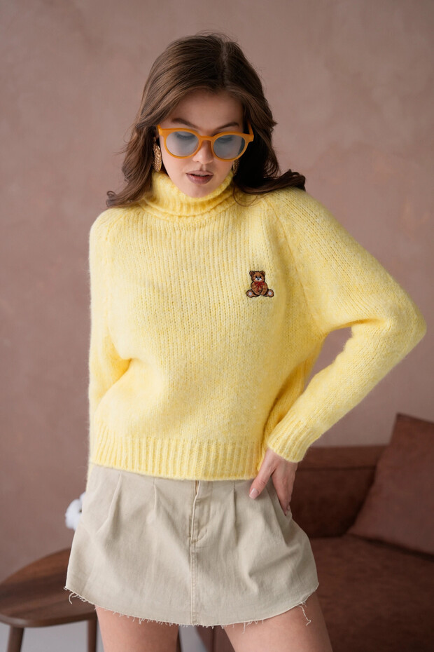 Women's Turtleneck Embroidered Detail Soft-Textured Ribbed Knit Sweater