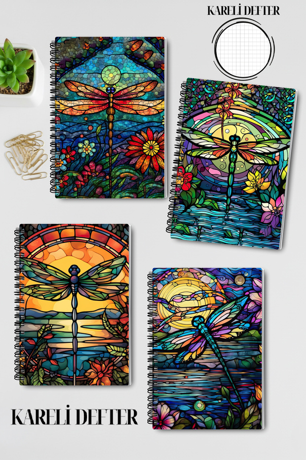 Colorful Dragonfly Birds Design Wire Spiral A5 Squared 4-Piece Souvenir, Memory, School Notebook Set