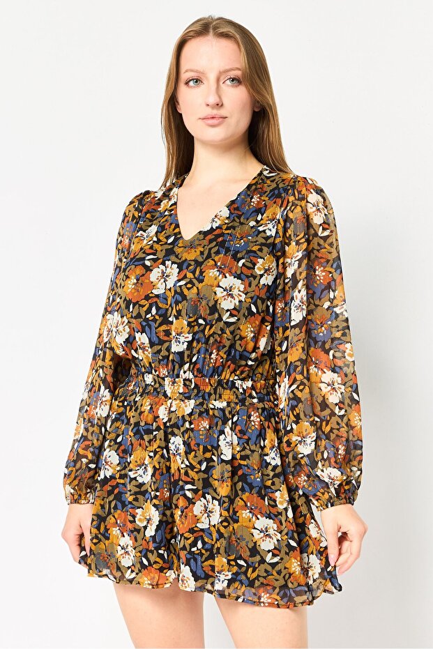 Women Floral Print Long Sleeve Playsuit, Multicolor