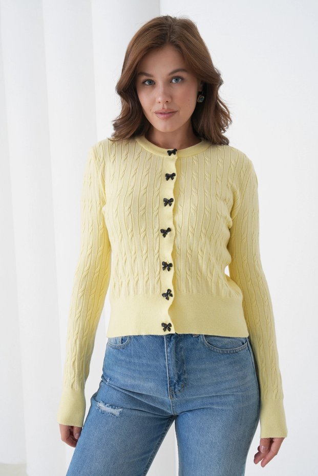 Women's Crew Neck Button Detail Hair Knit Soft Textured Knitwear Cardigan