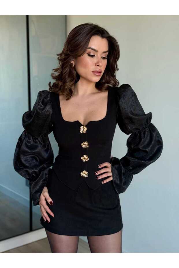 Düğmeli Elastik Bluz - 3