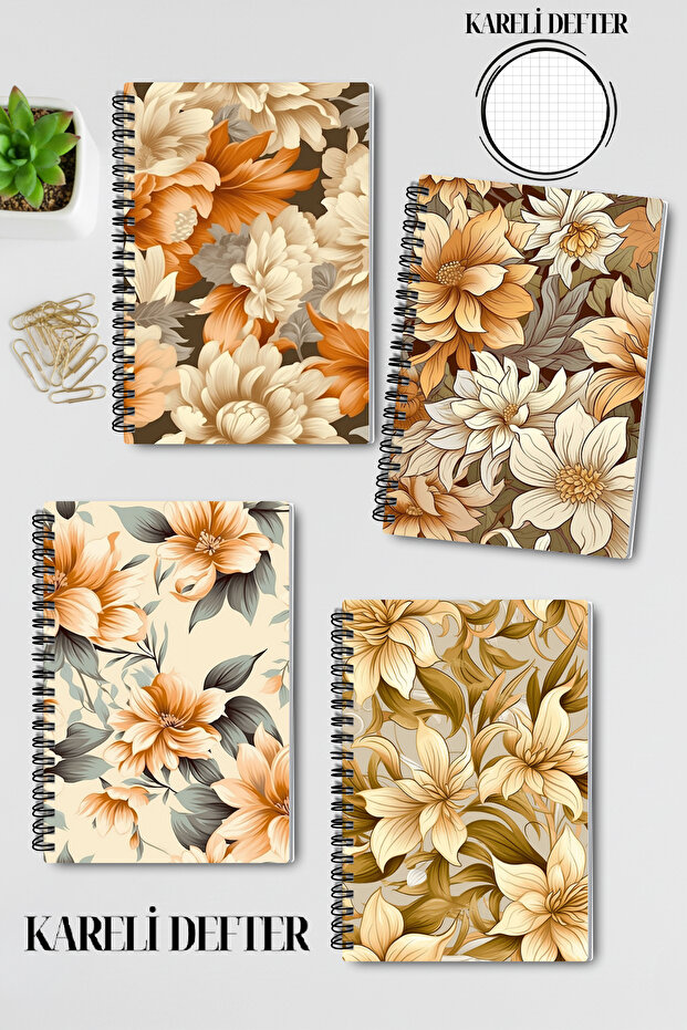 Beige Flowers No:2 Design Wire Spiral A5 Squared 4-Piece Souvenir, Memory, School Notebook Set