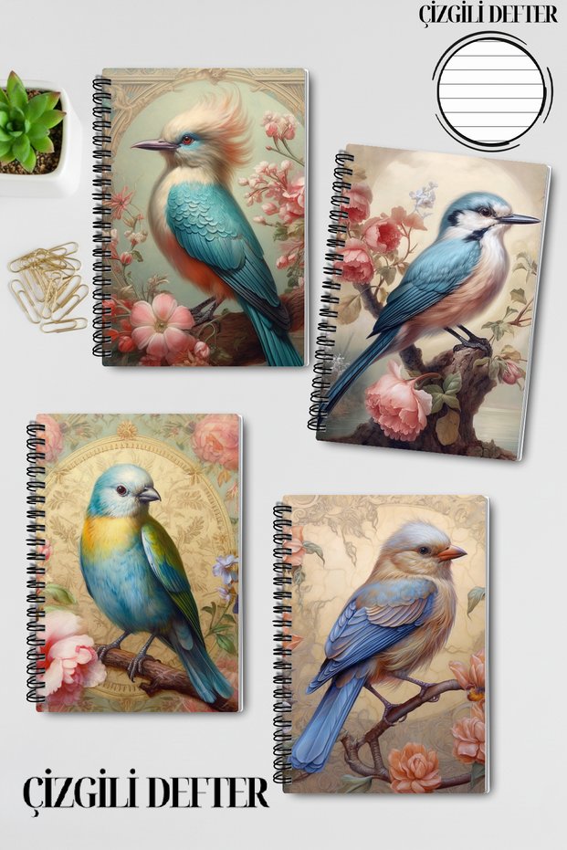 Vintage Bird Themed No:1 Design Wirebound A5 Lined 4-Piece Souvenir, Memory, School Notebook Set