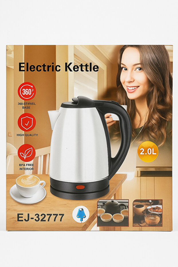 Electric Kettle | 2.0L Stainless Steel | 360° Swivel Base | BPA Free Interior